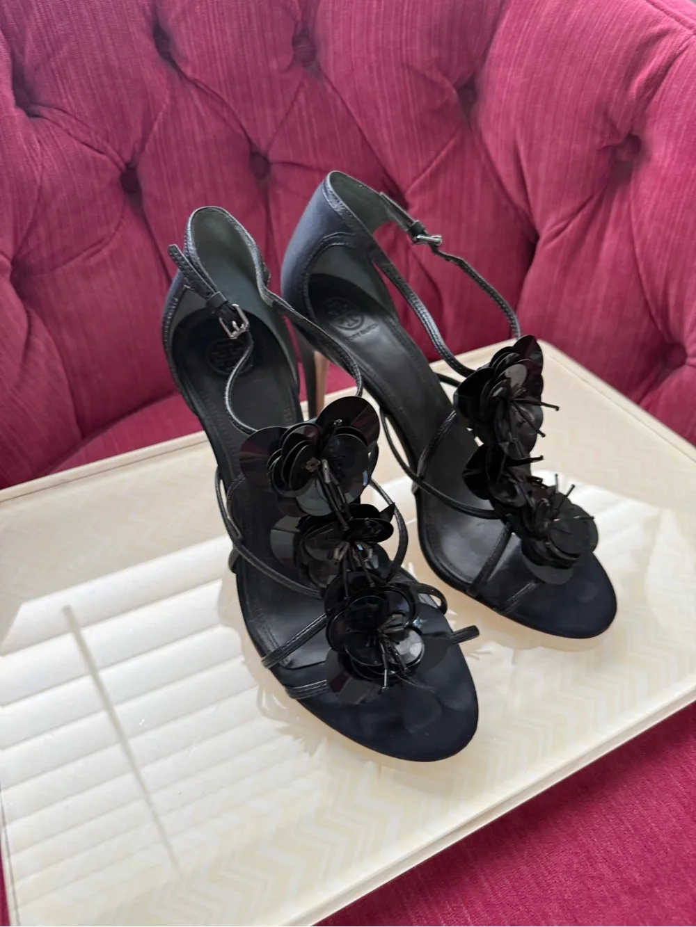 Tory Burch Black Strappy Floral Embellished High Heel Sandals